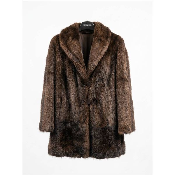 Danier Brown Real Fur Coat with Notched Collar and Two-Button Closure