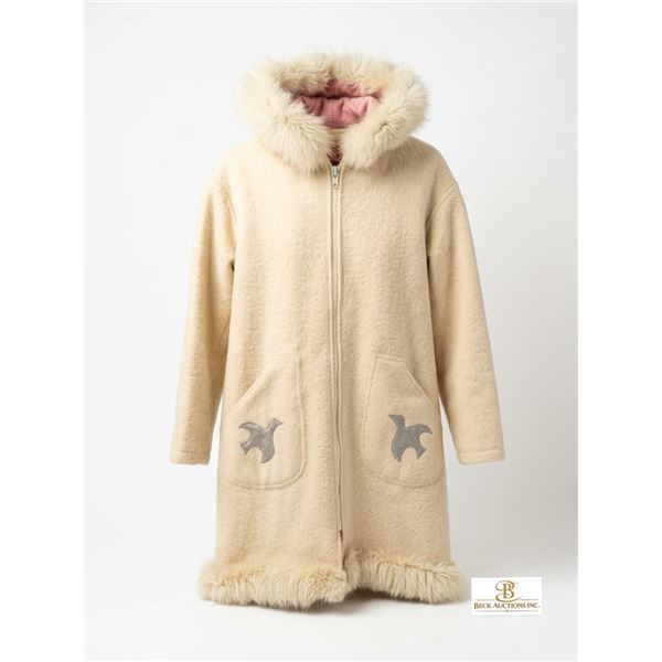 Ecru Hooded Coat with Faux Fur Trim and Decorative Pocket Appliqués