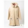 Image 1 : Ecru Hooded Coat with Faux Fur Trim and Decorative Pocket Appliqués