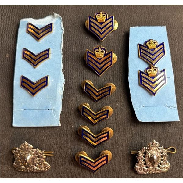 RCMP Badges Lot: 7 Corporal Pins, 4 Sergeant Pins With Crown, 2 Cap Crests