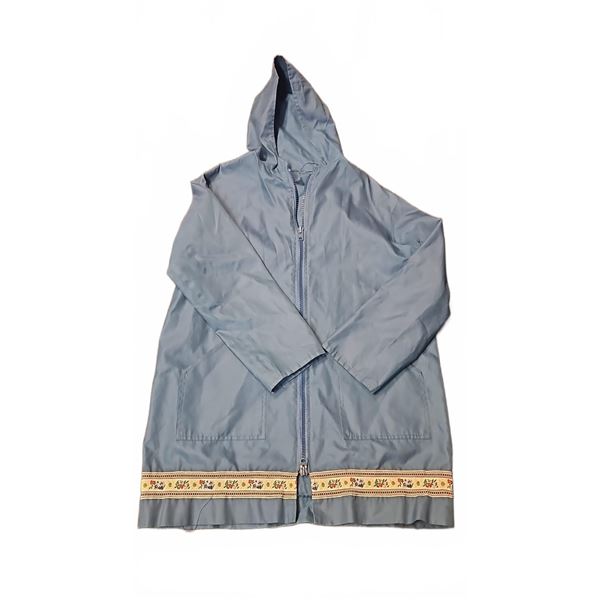 Blue Hooded Rain Jacket with Zip Front and Decorative Hem Trim