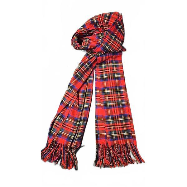 Red and Blue Tartan Plaid Scarf with Fringe