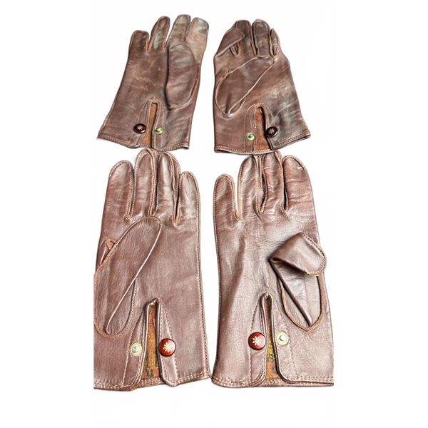 Brown Leather Gloves with Red Button Detail and Yellow Wool Lining