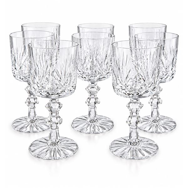 7 Cut Crystal Wine Glasses with Faceted Stems and Starburst Bases