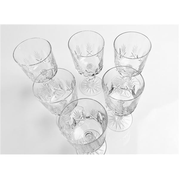 6 Cut Crystal Goblets with Starburst Pattern and Faceted Stems