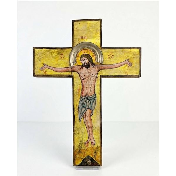 Hand-Painted Wooden Crucifix with Christ Iconography, 15 Inches Tall