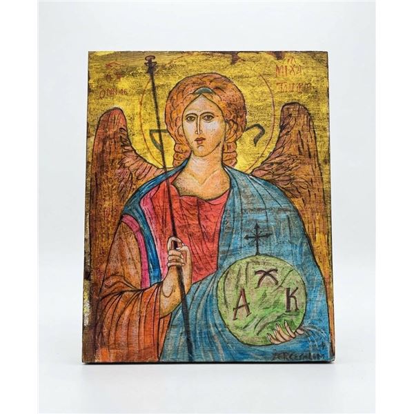 Hand-Painted Religious Icon Depicting Archangel Michael, 12" x 10"