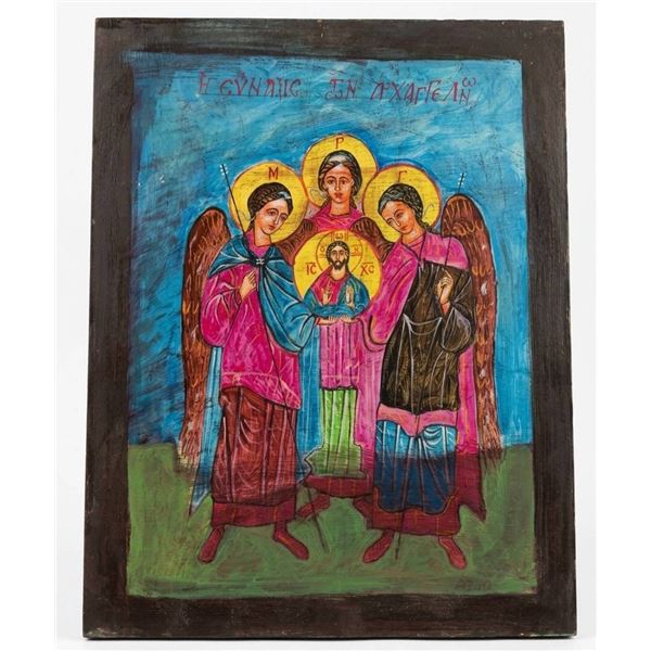 Hand-Painted Religious Icon Panel on Wood with Angels and Christ, 18'' x 14''