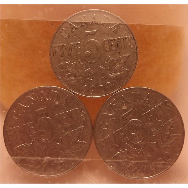 1929, 1930 & 1931 CANADA KING GEORGE V NICKELS