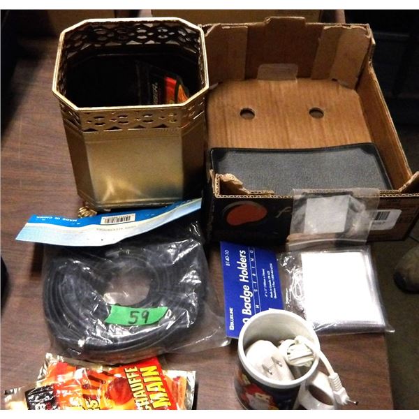 BOX C/W TIN, HAND WARMERS, COAXIL CABLE, ETC