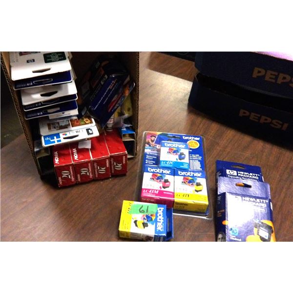 BOX C/W CHRISTMAS LITES, ASSORTED PRINTER CARTRIDGES, ETC