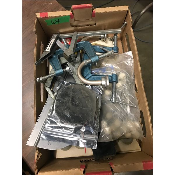 BOX C/W CLAMPS, RAZOR BLADES, TROWELS, ETC