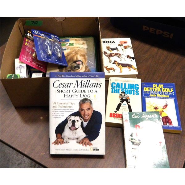 BOX C/W BOOKS (DOGS, GOLF, ETC), CHANDALIER BULBS, ETC