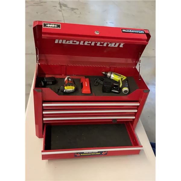 Mastercraft Red Metal Tool Chest With Ryobi Drill, Black+Decker Screwdriver, Accessories