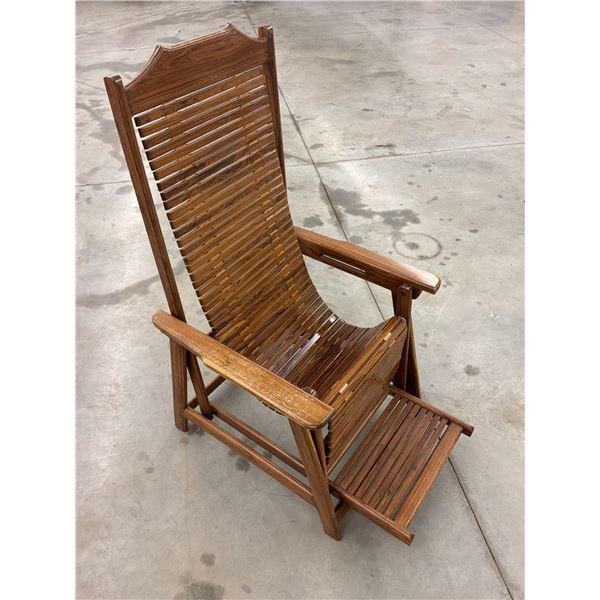 1 Vintage Rosewood-Tone Slatted Folding Lounge Chair - Adjustable Recliner with Extending Leg Rest