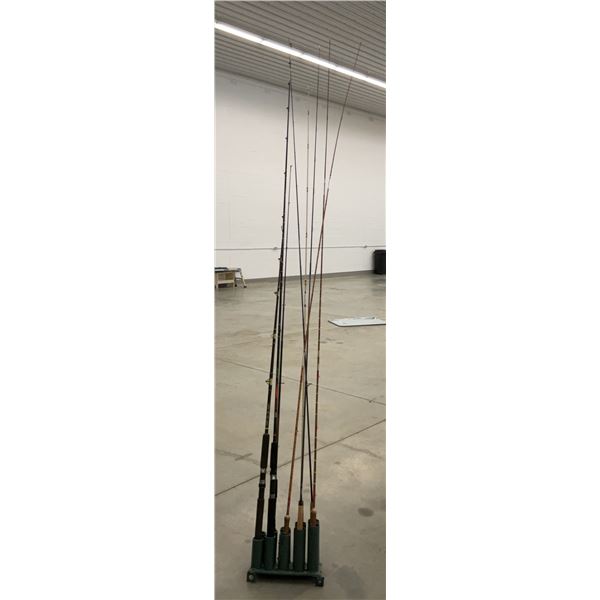 Eight Assorted Fishing Rods in 10-Slot Holder incl. Sage, Temple Fork, Bamboo, Fiberglass