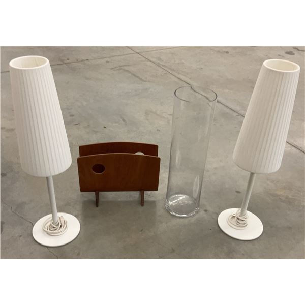 White Table Lamps, Glass Umbrella Holder, and Wooden Magazine Holder