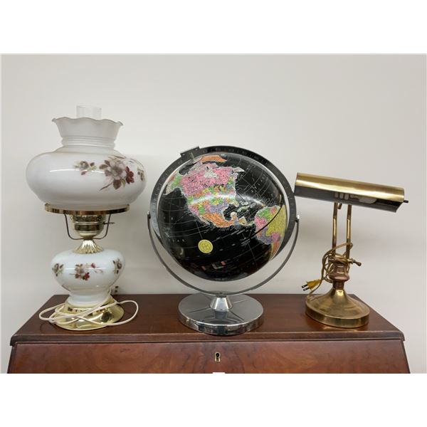 World Globe Showing Pre-USSR Fall Borders with Floral Oil Lamp and Brass Desk Lamp
