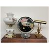 Image 1 : World Globe Showing Pre-USSR Fall Borders with Floral Oil Lamp and Brass Desk Lamp