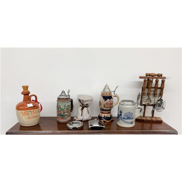 Prost Barware Treasure Trove - 3 Pewter Lid Steins, Ye Whisky of Ye Monks Jug, 2 Flasks, Bar Tools
