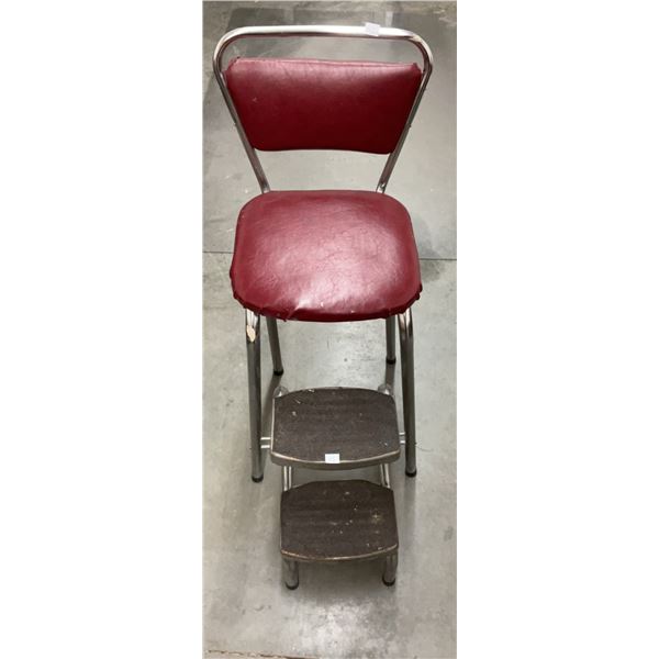 Retro Diner Kitchen Helper - Vintage Chrome Step Stool with Burgundy Vinyl Seat and flip out steps