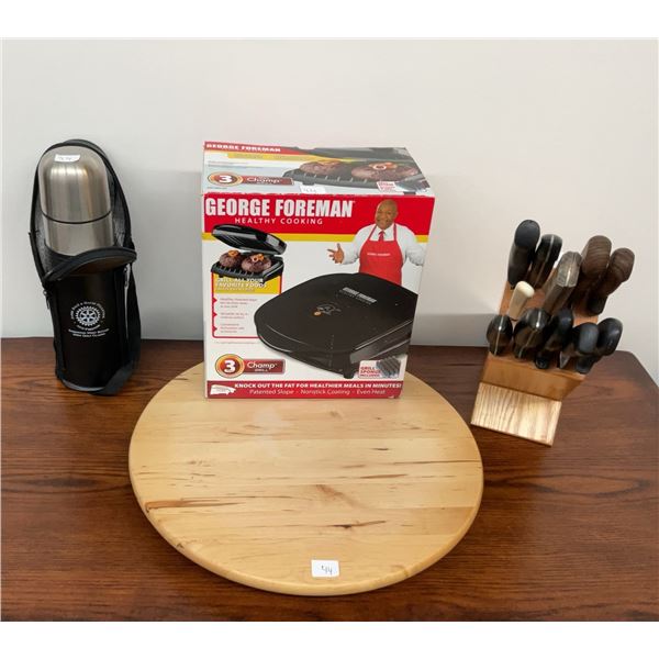 George Foreman Grill Unused in Box, Thermos with Case, Lazy Susan, Knife Block with Knives