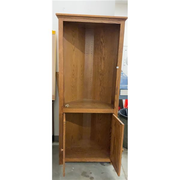 Tall Oak Corner Shelf Unit with Lower Cabinet Door, 72 x 30 x 24 Inches