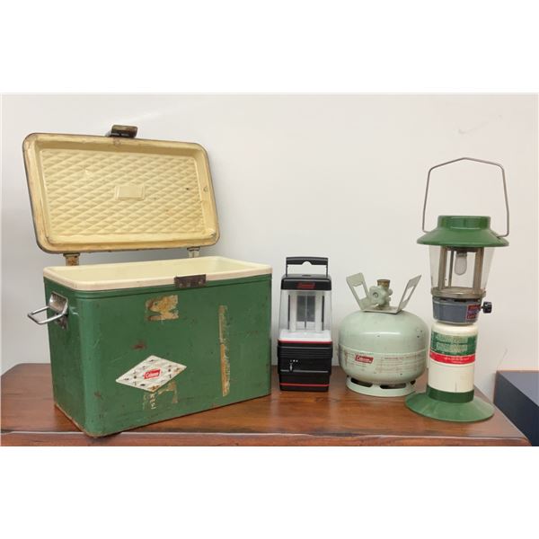 Coleman Camping Lot with Cooler, Lantern, Lantern Stand, Propane Tank, Lantern, Fishing Rod