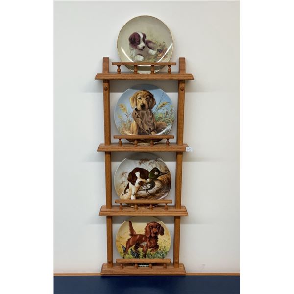 Field Puppies Collection - 4 Dog Collector Plates incl. 3 Knowles Lynn Kaatz with Oak Wall Rack