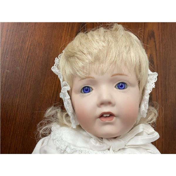 Porcelain Character Baby Doll with Blue Eyes in Long White Christening Gown and Lace Bonnet