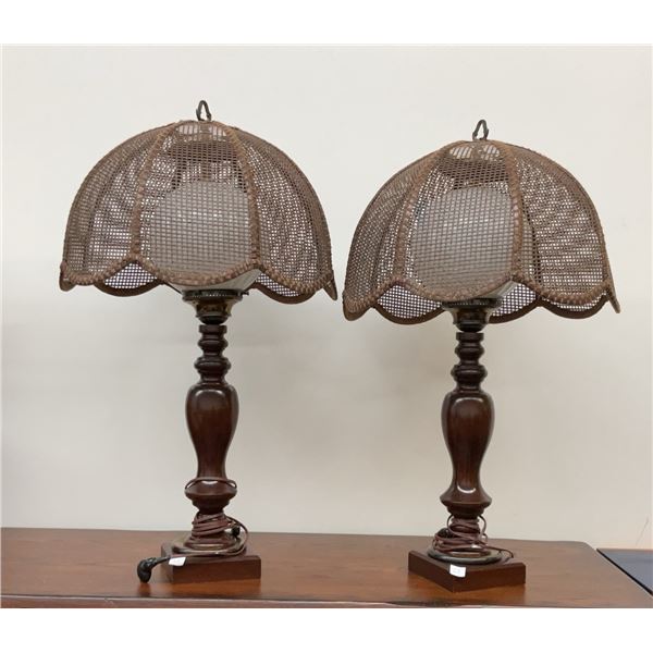 Table Lamps with Wood Bases and Woven Mesh Shades, Inline Power Cord Switches