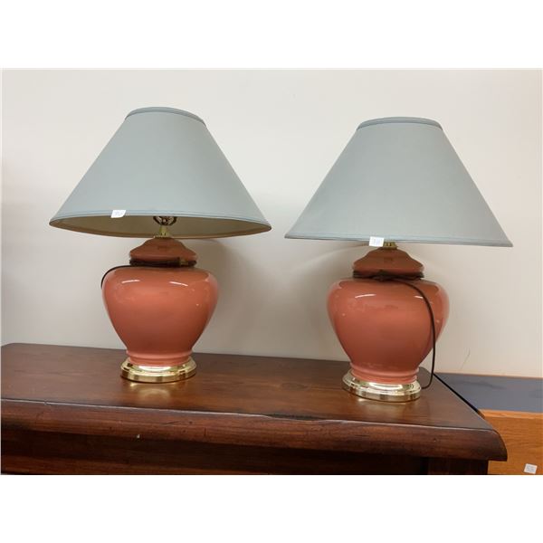 Matching Ceramic Table Lamps with Brass Bases and Light Grey Fabric Shades