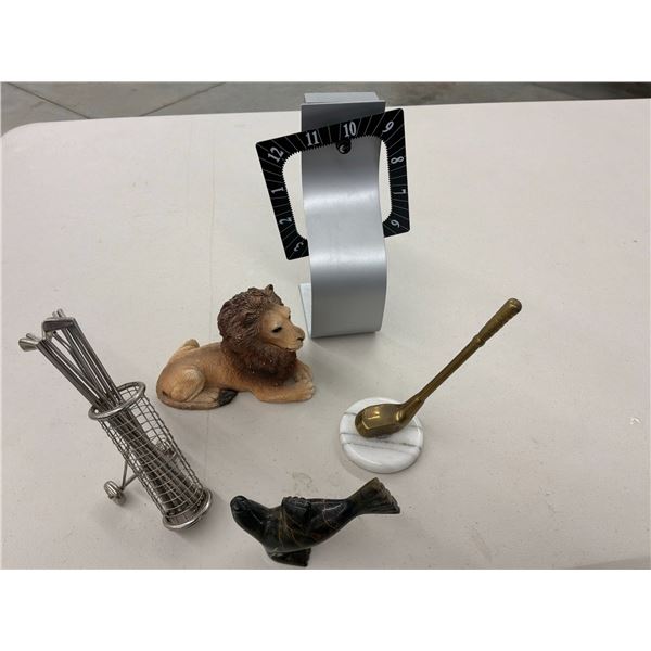 Golfer's Den Lot - 1 Brass Golf Club on Marble, 6 Golf Club Cocktail Picks with Cart, Clock and More