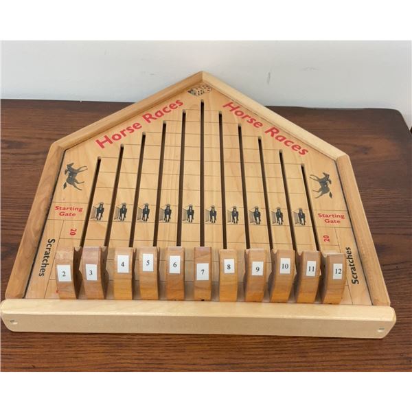 Vintage Wooden Horse Races Game Board with Numbered Gates and Printed Game Rules
