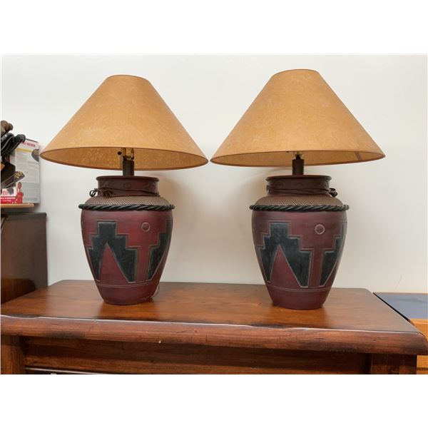 Ceramic Table Lamps with Southwestern Geometric Motif and Brown Shades