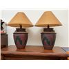 Image 1 : Ceramic Table Lamps with Southwestern Geometric Motif and Brown Shades