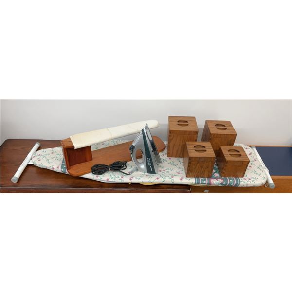Matching Carved Wooden Storage Boxes with Ironing Board, Sleeve Board, and Black+Decker Iron