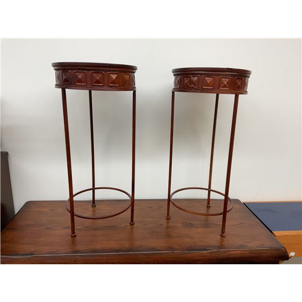 Elevate Your Greenery - 2 Round Metal and Wood Plant Stands, Mahogany-Tone Finish
