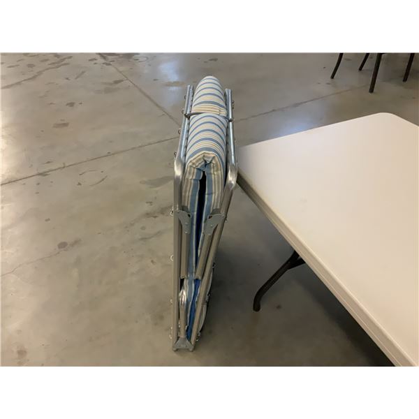 Lightweight Portable Folding Cot with Blue and White Striped Cushion and Metal Frame