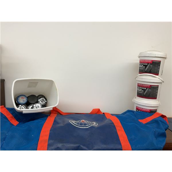 Edmonton Oilers Branded Hockey Equipment Bag with 4 Buckets of Pucks, Used Condition