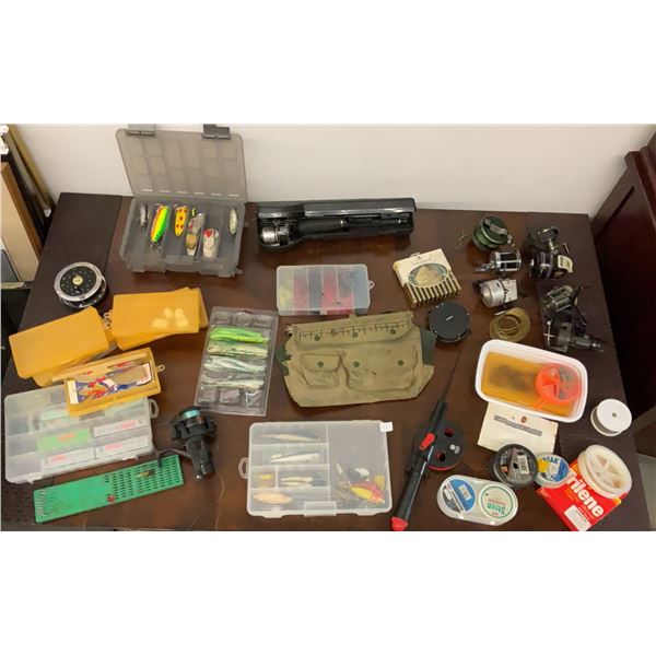 Fishing Gear Lot with Lures, Reels, Daiwa Minicast, and Blue Tote Storage Bin