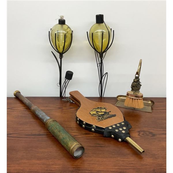 Mid-Century 2 Amber Glass Wall Oil Lamps with Galleon Bellows, Ship Brush Set and Brass Spyglass