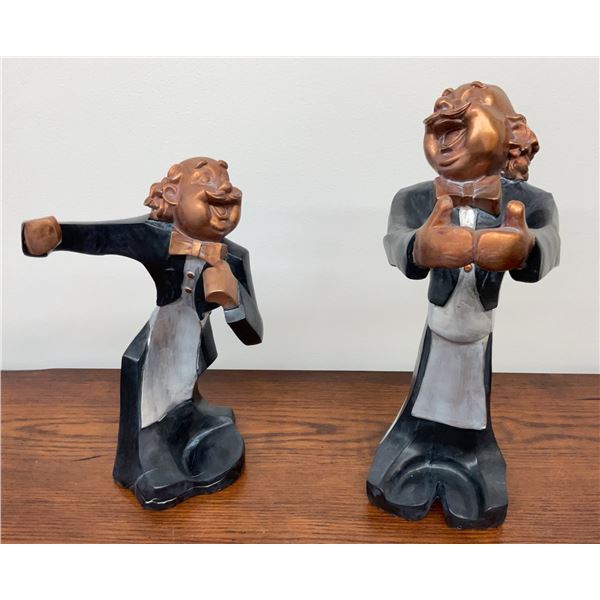 Table for Two - 2 Whimsical Waiter Statues with Bow Ties and Aprons, Black and Copper Finish