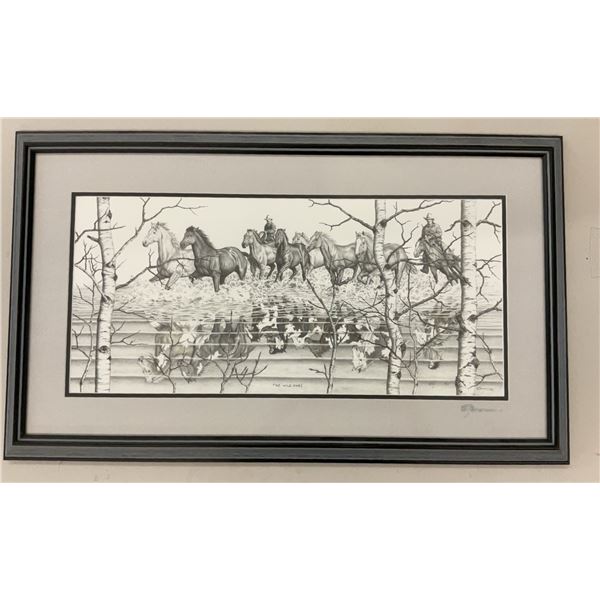BJ Brown Signed Print "The Wild Ones" with Horses and Rider, Framed Under Glass 31" x 18.5"