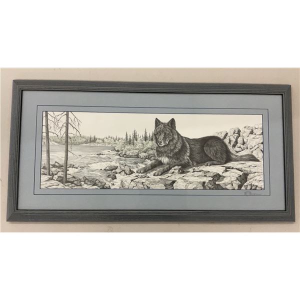 BJ Brown "His Domain" Double Signed Framed Print Featuring Wolf Landscape 31" x 15"