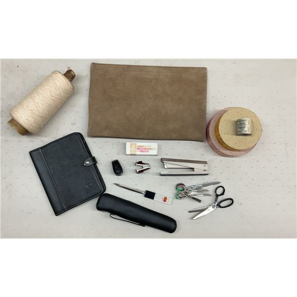 Office Supplies Lot Including Notebook, Scissors, Staplers, String, and Zipper Pouch