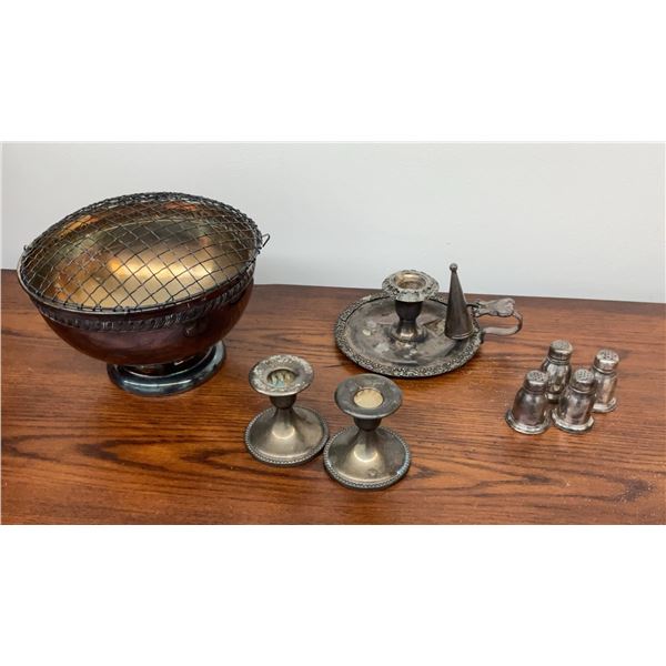 Birks Sterling Silver Salt and Pepper Shakers Plus Silver Plated Candlesticks and Bowl
