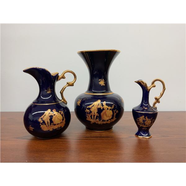 French Romance in Cobalt - 3 Limoges Style Porcelain Pieces with Gold Colonial Couple Decor