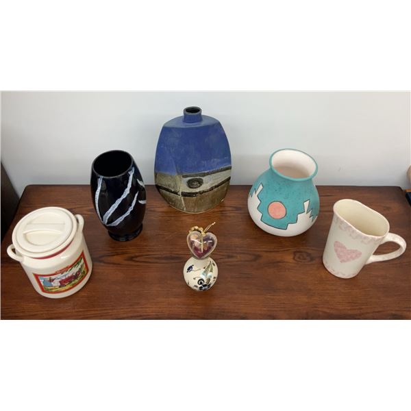 6 Ceramic Vases, Pitcher, and Farmall Ceramic Canister