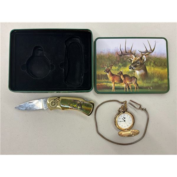 Whitetail Deer Keepsake Collection - 2 Wildlife Art Knives, 1 Stag Pocket Watch, 1 Tin, 1 Oak Box